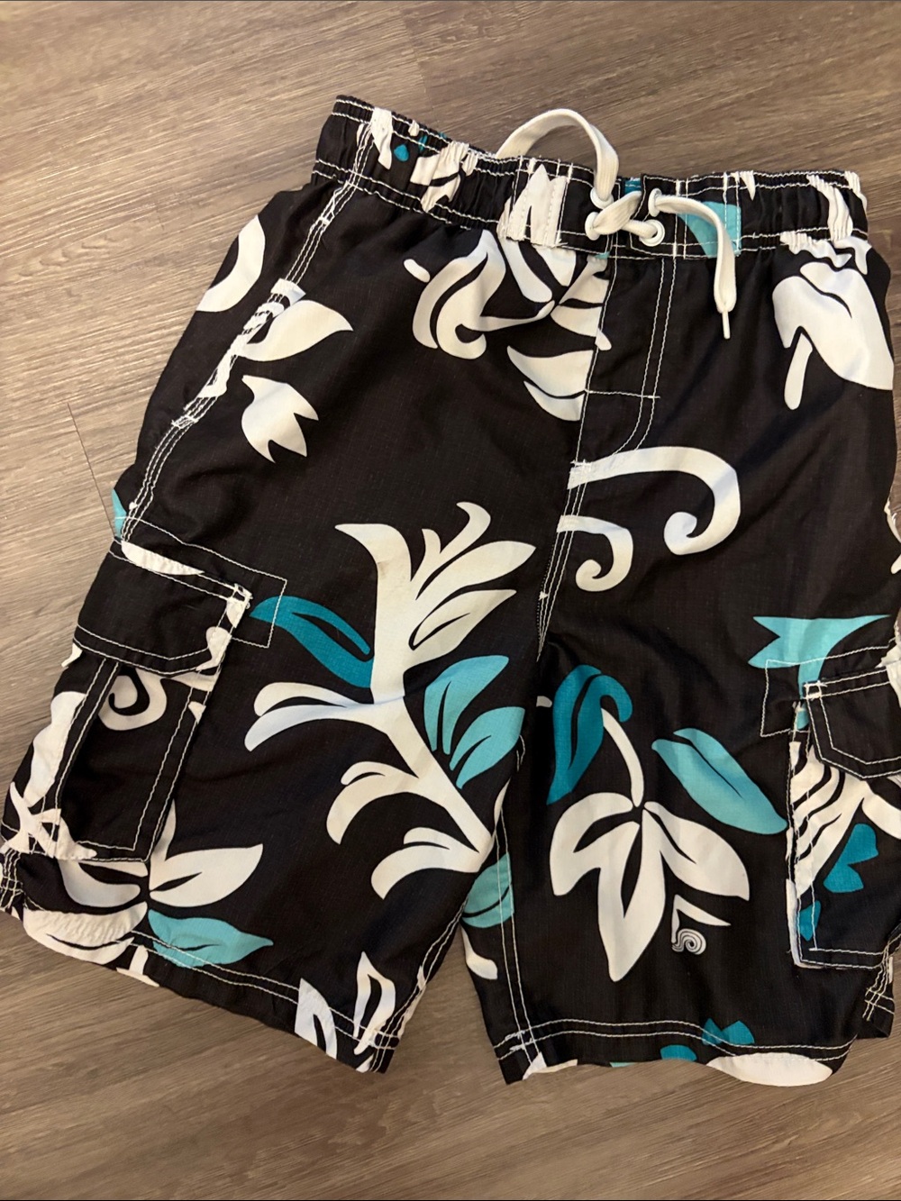 O'Neill Black Swim Board Shorts with White and Teal Floral Print